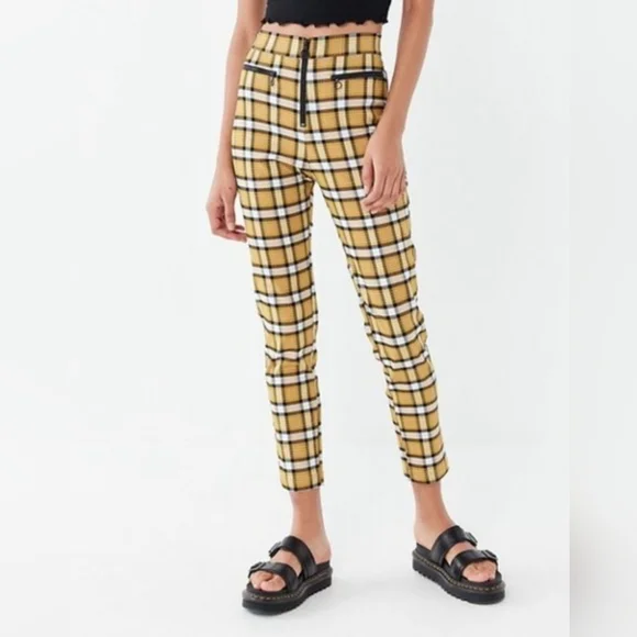 Urban Outfitters  Yellow Black Plaid Tartan Front Zip Pants Size 2 - Picture 3 of 8